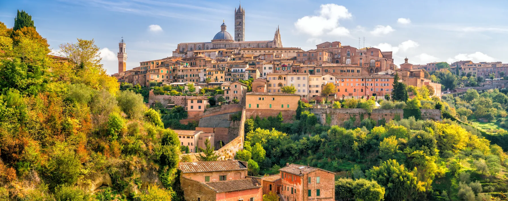 Siena hilltop town with the Duomo and Torre del Mangia rising above autumn vegetation